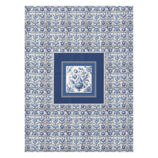 Nappe Superbe monogramme floral Bleu toile de jouy (Devant)