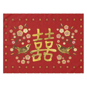 Nappe Symbole Gold Double Happiness avec fleurs et oisea