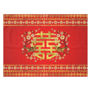 Nappe Symbole Gold Double Happiness avec fleurs et oisea