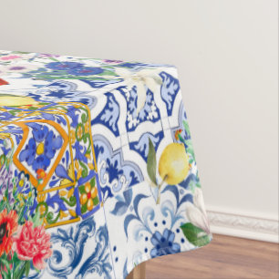Nappe tuiles méditerranéennes, citron, fleurs, majolica,