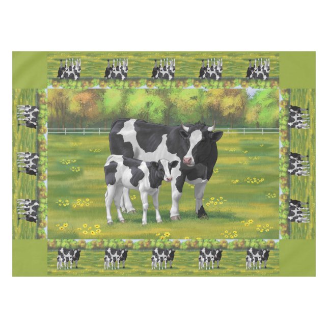 Nappe Vache Holstein et veau mignon en pâturage d'été (Devant (Horizontal))