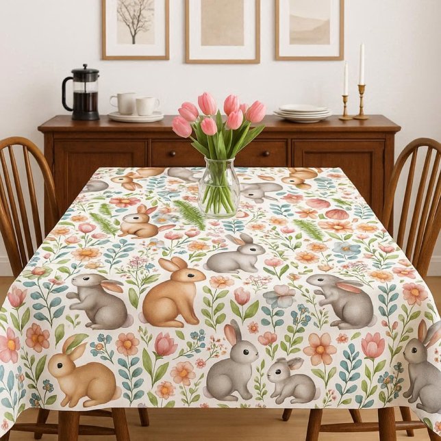 Nappe Wildlife Rabbit Pink Floral Pattern Tablecloth (Spring season wild rabbit tablecloth with pink floral pattern mockup )