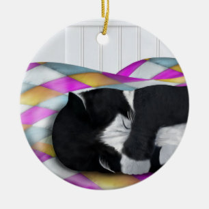 Napping Tuxedo Cat Keramik Ornament