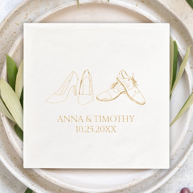 Napserviettes à estampage à la feuille d'or (gold foil wedding cocktail napkin bride & groom shoes hand drawn doodle personalized name & date )
