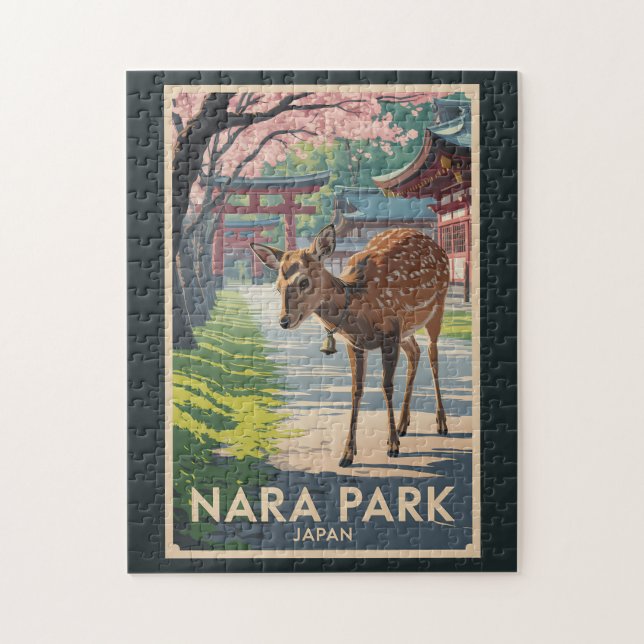 Nara Park Japan Deer Illustration Travel Art Retro (Vertikal)
