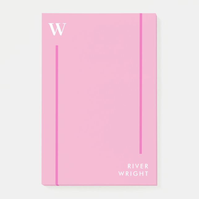 Narbenrosa und Weiß, Monogramm und Name Post-it Klebezettel (Vorderseite)