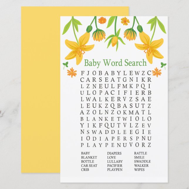 Narcissus Baby Shower Word Search Game (Vorne/Hinten)