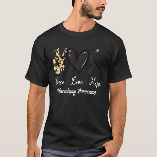 Narcolepsy Awareness Peace Liebe Hope Black Ribbon T-Shirt (Vorderseite)