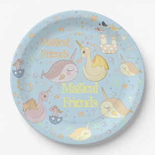 Narwal, Drache Pastellblau Personalisiert Babyblau Pappteller