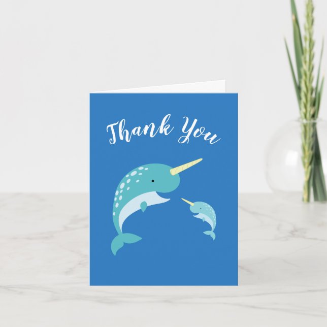 Narwhal Baby Dusche Blue Boy Whale Dankeskarte (Vorderseite)