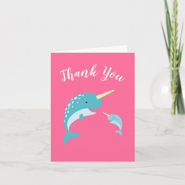 Narwhal Baby Dusche Pink Girl Whale Dankeskarte (Vorderseite)