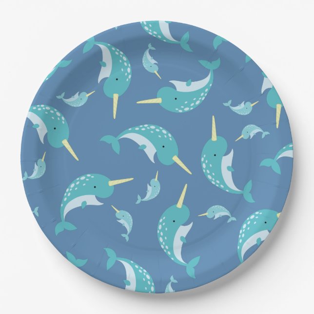 Narwhal Baby Shower Blue Boy Whale Pappteller (Vorderseite)