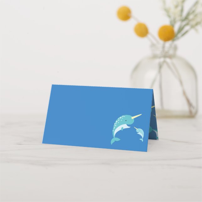Narwhal Baby Shower Blue Boy Whale Platzkarte (Vorderseite)