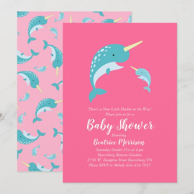 Narwhal Baby Shower Pink Girl Whale Einladung (Vorne/Hinten)