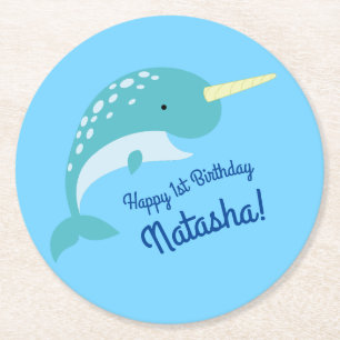 Narwhal Birthday Party Runder Pappuntersetzer
