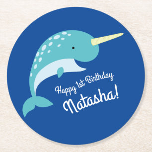 Narwhal Birthday Party Runder Pappuntersetzer