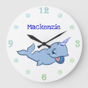 Narwhal Blue Adorable Baby Kawaii Custom Ocean Große Wanduhr
