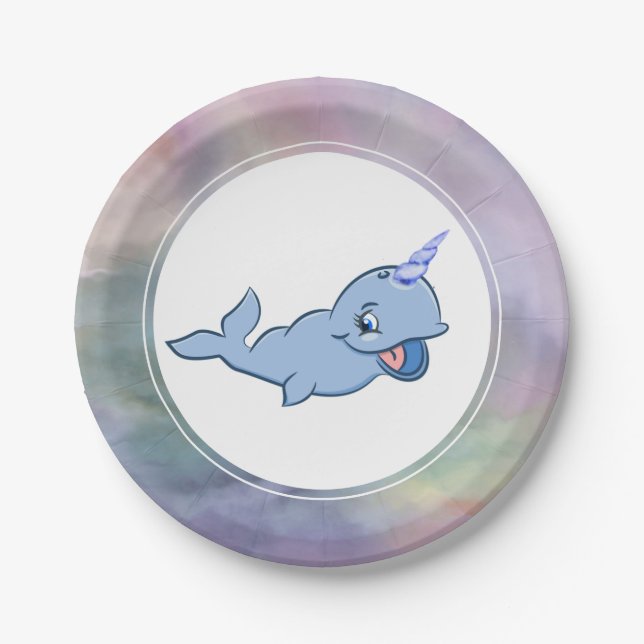 Narwhal Blue | Adorable Baby Kawaii Ocean Shower Pappteller (Vorderseite)