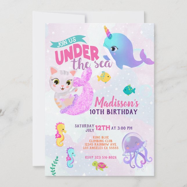 Narwhal Cat Mermaid Purrmaids Geburtstag Einladung (Vorderseite)