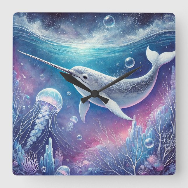Narwhal Fantasy Quadratische Wanduhr (Vorderseite)
