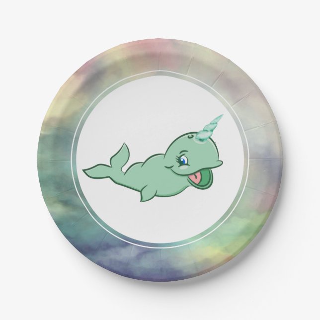 Narwhal Green | Niedliches Minze Chibi Cartoon Par Pappteller (Vorderseite)