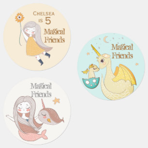 Narwhal Mermaid Dragon Friends Pastel Personalisie Etiketten