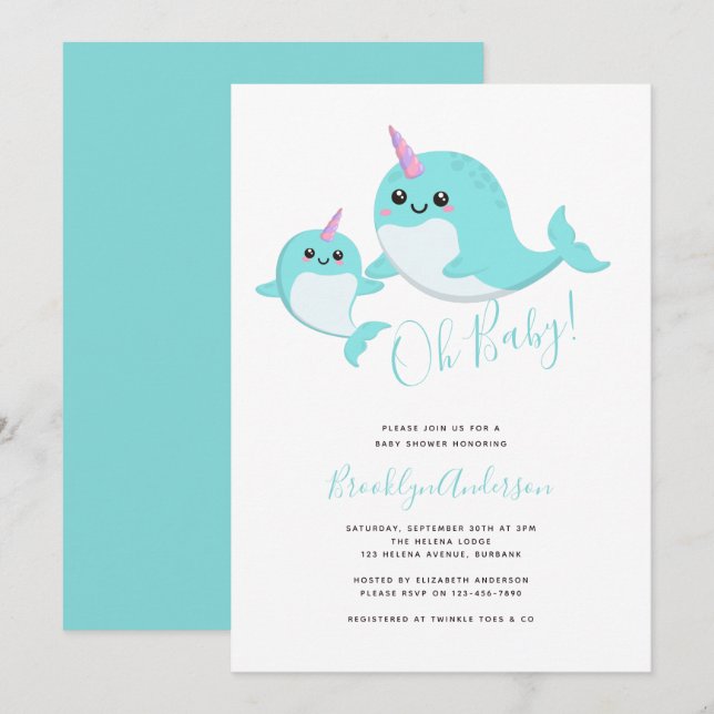 Narwhal Oh Baby Gender Neutral Baby Dusche Einladung (Vorne/Hinten)