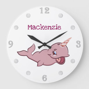 Narwhal Pink Girly Kawaii Chibi Cartoon Custom Große Wanduhr