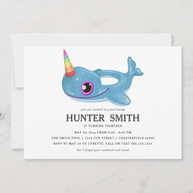Narwhal Pool Float Birthday Pool Party Einladung (Vorderseite)