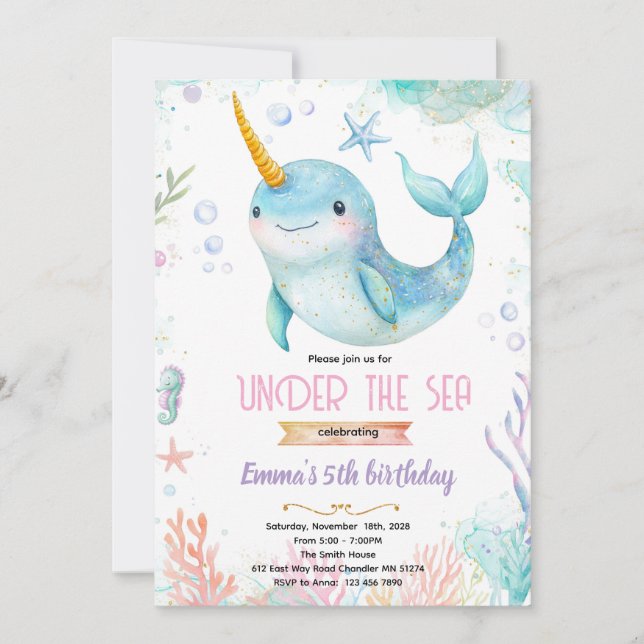 Narwhal theme party invitation (Devant)