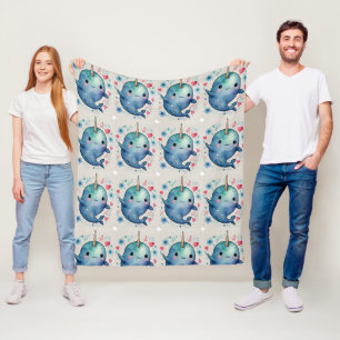 Narwhal Watercolor Herz Floral Print Fleecedecke