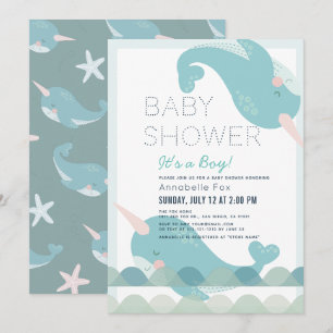 Narwhal Waves Sea Blue Boy Baby Dusche Einladung