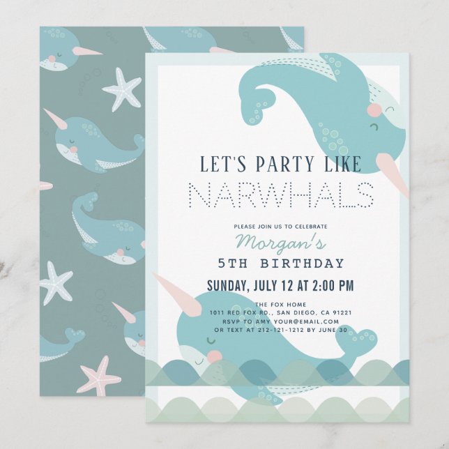 Narwhal Waves Sea Blue Boy Invitation Anniversaire (Devant / Derrière)