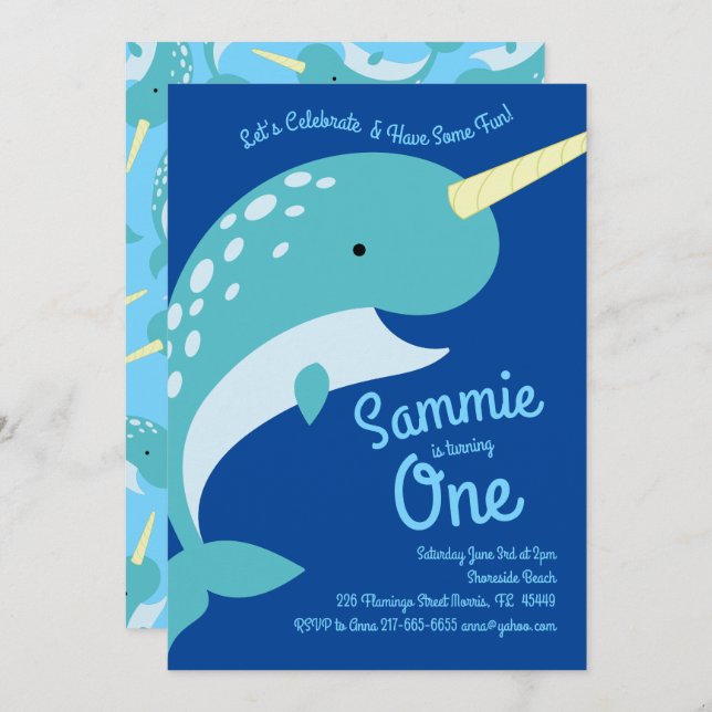 Narwhals Océan 1er anniversaire Invitations (Devant / Derrière)