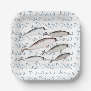 Narwhals Swim Waves Zeichnend Muster Whale White Pappteller