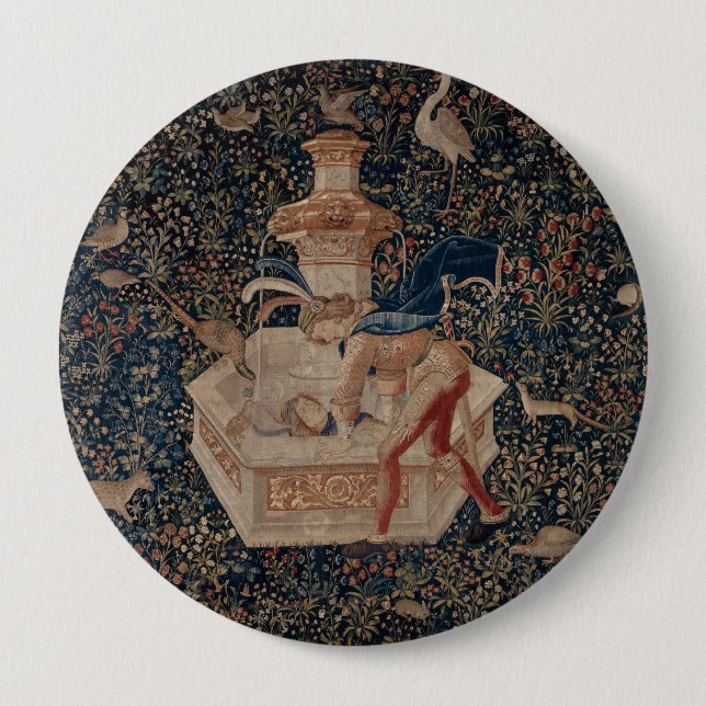 Narziss am Brunnen, mittelalterlicher Teppich Button (Vorderseite)