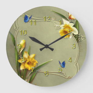 Narzisse und blauer Schmetterling Große Wanduhr