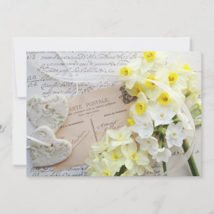 Narzissen, Herzen mit Schriftzeichen Hochzeit Einl Einladung