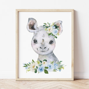 Nashorn, Safari, Dschungel, Blaue Blumen, Jungen-K Poster