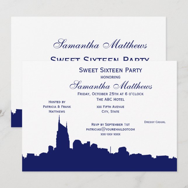 Nashville Black Skyline Silhouette Sweet 16 Blue Einladung (Vorne/Hinten)