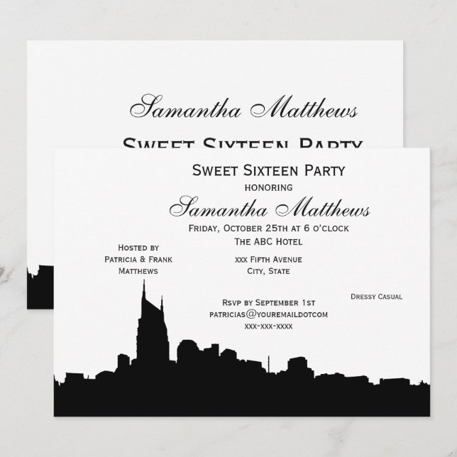 Nashville Black Skyline Silhouette Sweet 16 Einladung (Vorne/Hinten)
