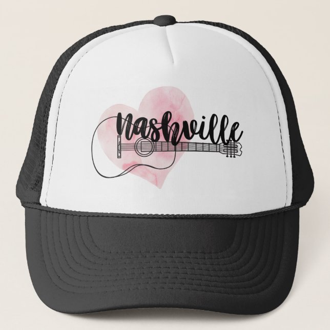 Nashville Guitar Aquarellherz Design Truckerkappe (Vorderseite)