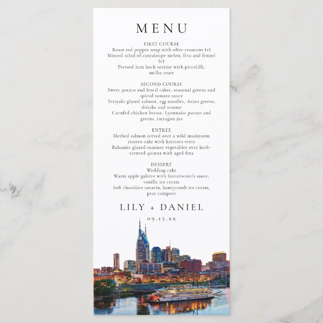 Nashville Riverfront Watercolor Elegant Wedding Menükarte (Vorderseite)