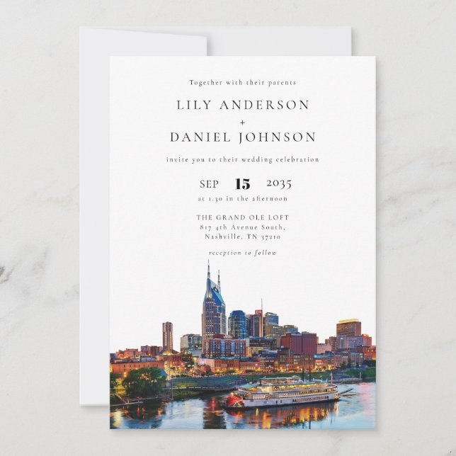 Nashville Riverfront Watercolor QR Code Wedding Einladung (Vorderseite)
