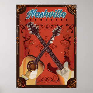 Nashville, Tennessee Guitare affiche de voyage vin