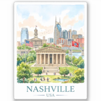 Nashville Tennessee Reise Wasserfarbe Stadtbild Aufkleber