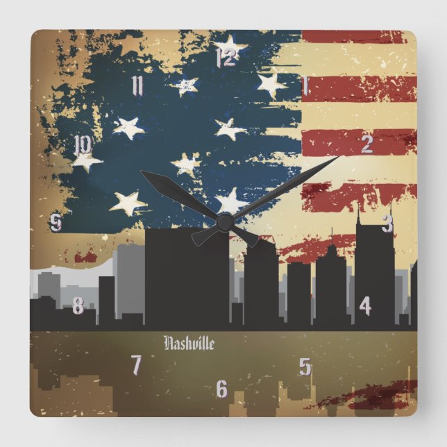 Nashville, TN  American Cities CityScape Clock Quadratische Wanduhr (Vorderseite)