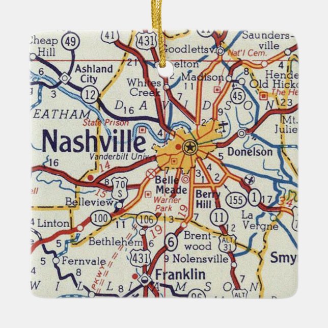 Nashville TN Vintage Map Keramikornament (Vorderseite)