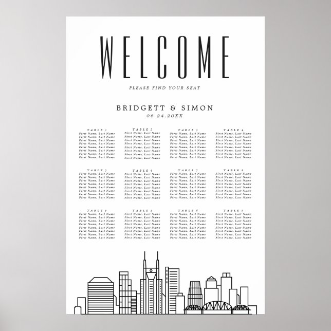 Nashville Wedding | 12 Tabelle Seating Chart Poster (Vorne)