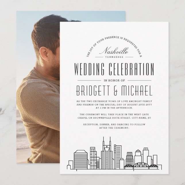 Nashville Wedding | Modern Deko City Skyline Einladung (Vorne/Hinten)